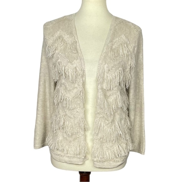 Chico’s Sweater 1 Womens 8 Medium Cardigan Open Front Oatmeal Fringe Chevron - Picture 1 of 11
